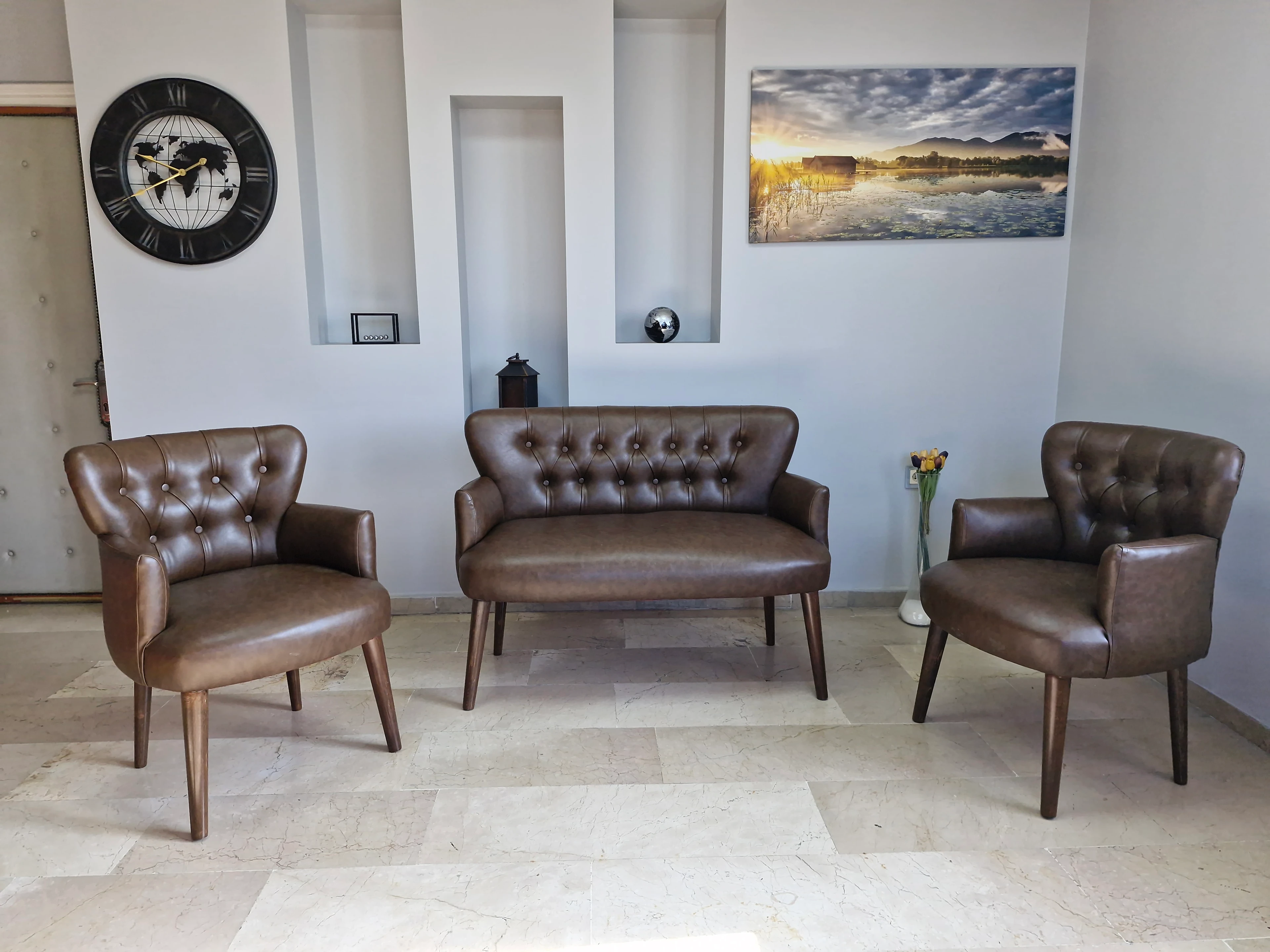 Çay Seti Koltuk Takımı - Deri Kumaş - Modern Chester Tarz - Acı Kahve