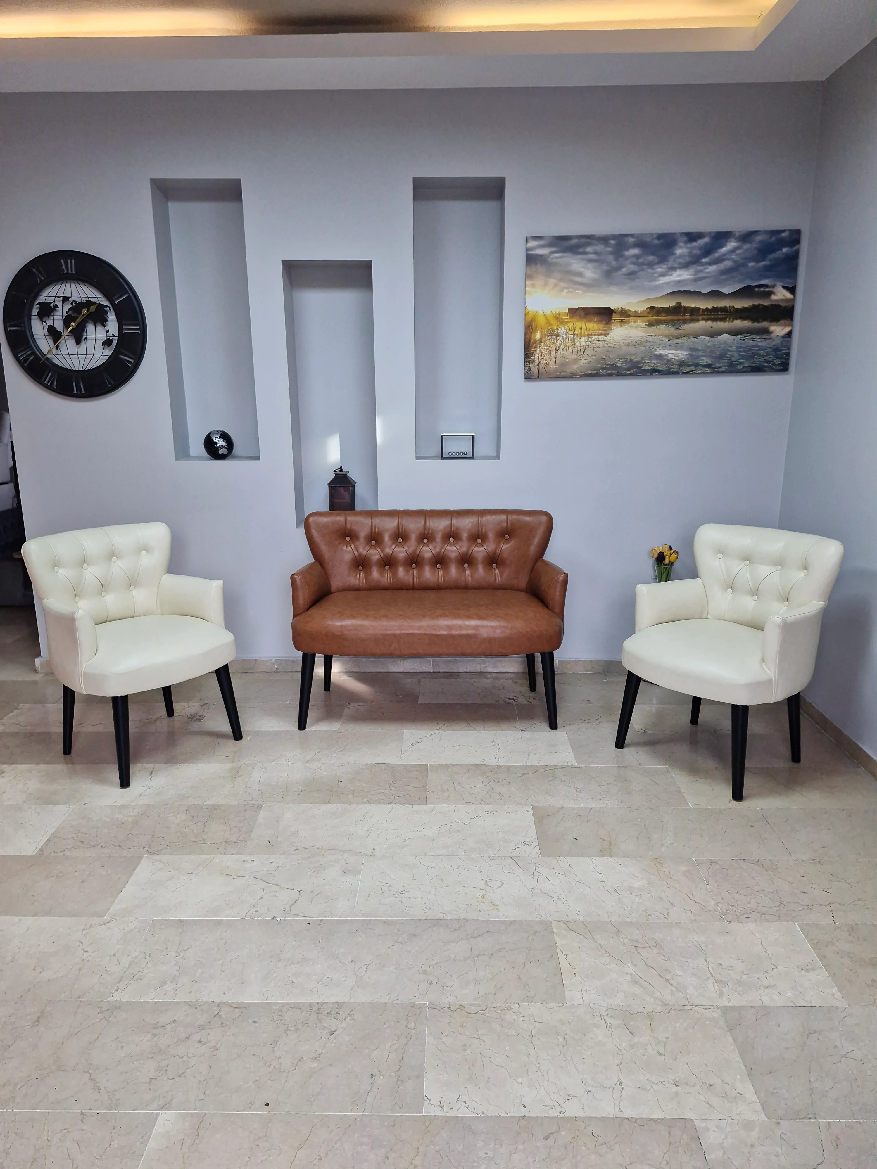 Çay Seti Koltuk Takımı - Deri Kumaş - Modern Chester Tarz - 2 Krem 1 Taba