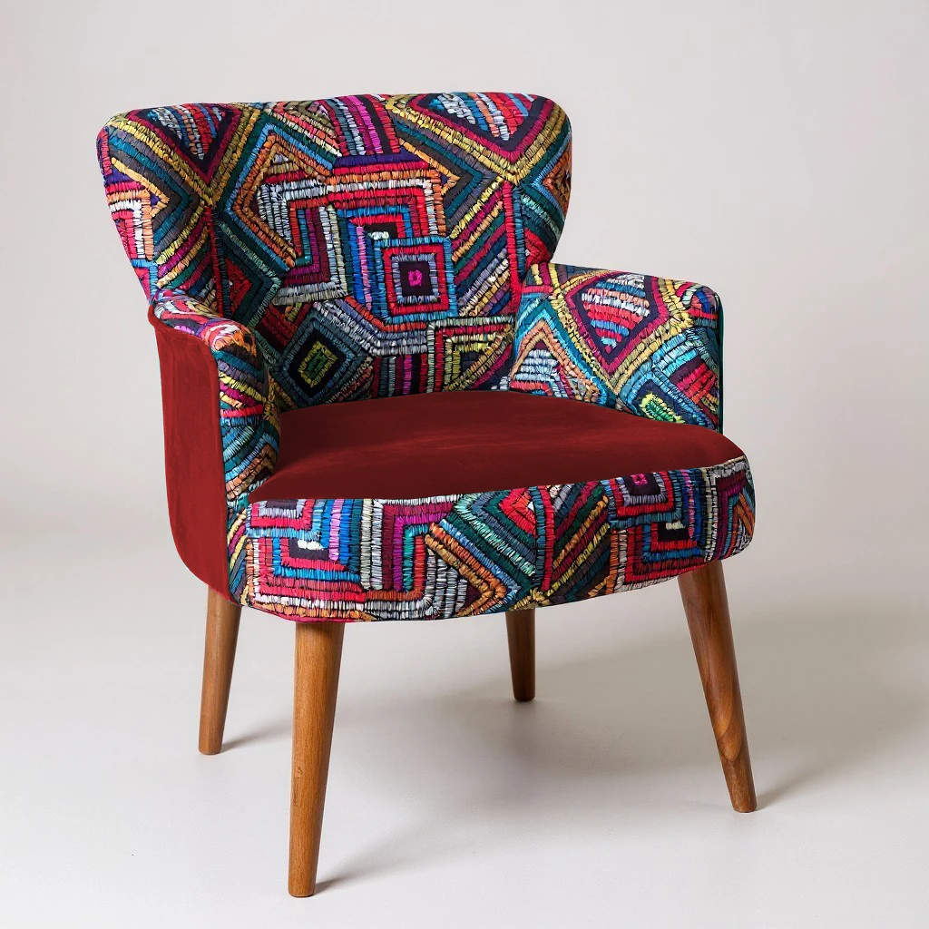 Roma Renkli Desen Modern Tasarım Dijital Baskılı Babyface Kumaş Berjer  Koltuk - Bordo