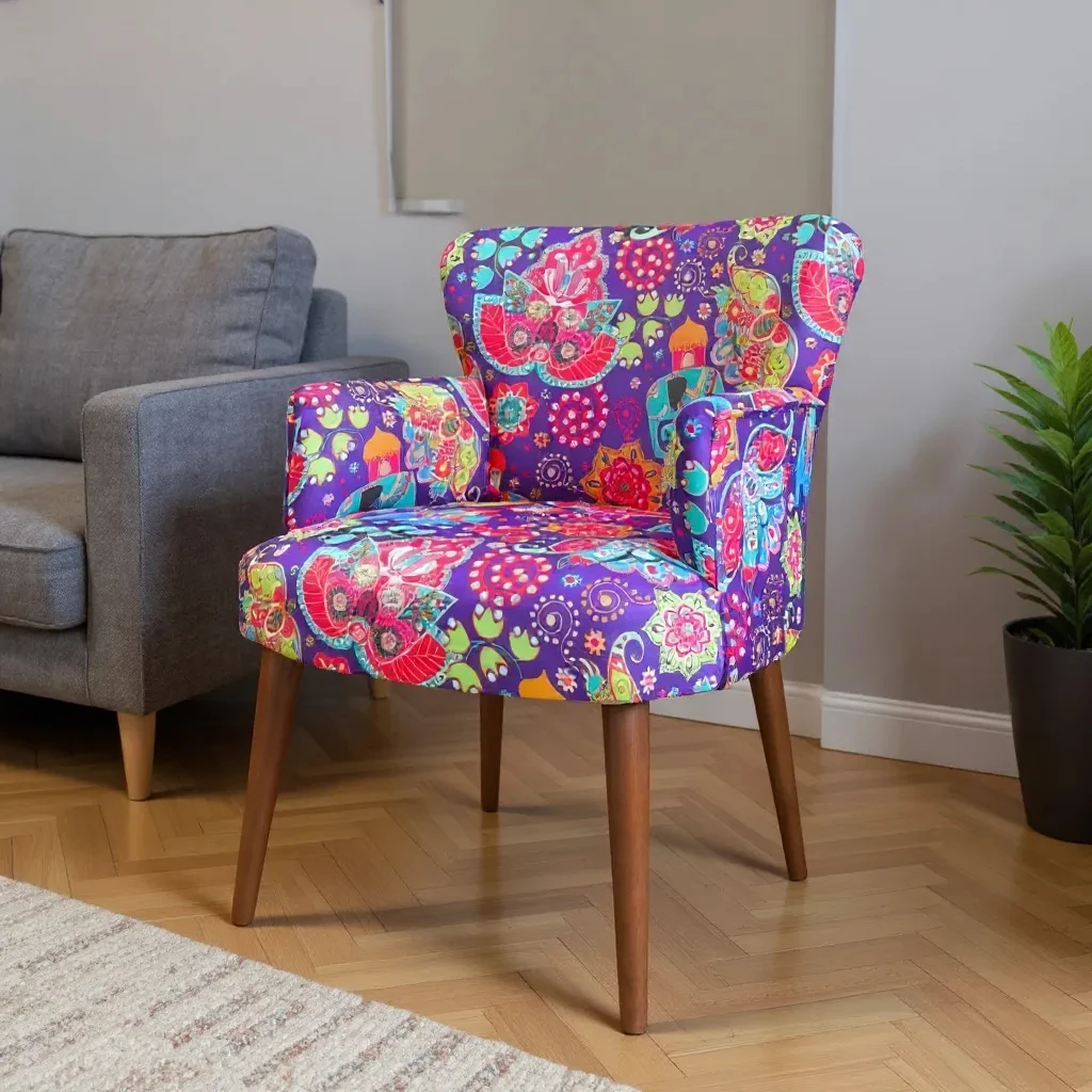 Roma Modern Tekli Koltuk Berjer - Dijital Baskılı Kumaş - Ahşap Ayak - Filli Desen