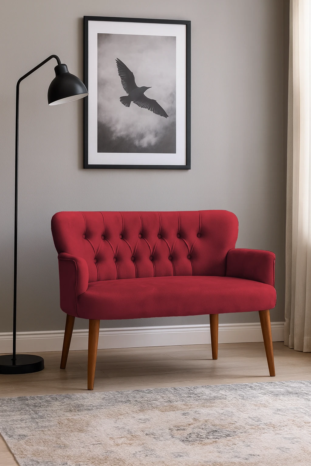 Roma Modern İkili Koltuk - Babyface Kumaş - Ahşap Ayak - Kırmızı