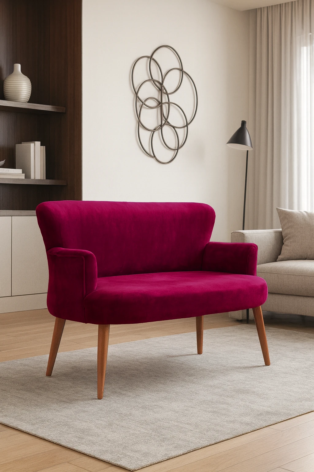 Roma Modern İkili Koltuk - Babyface Kumaş - Ahşap Ayak - Düğmesiz - Bordo