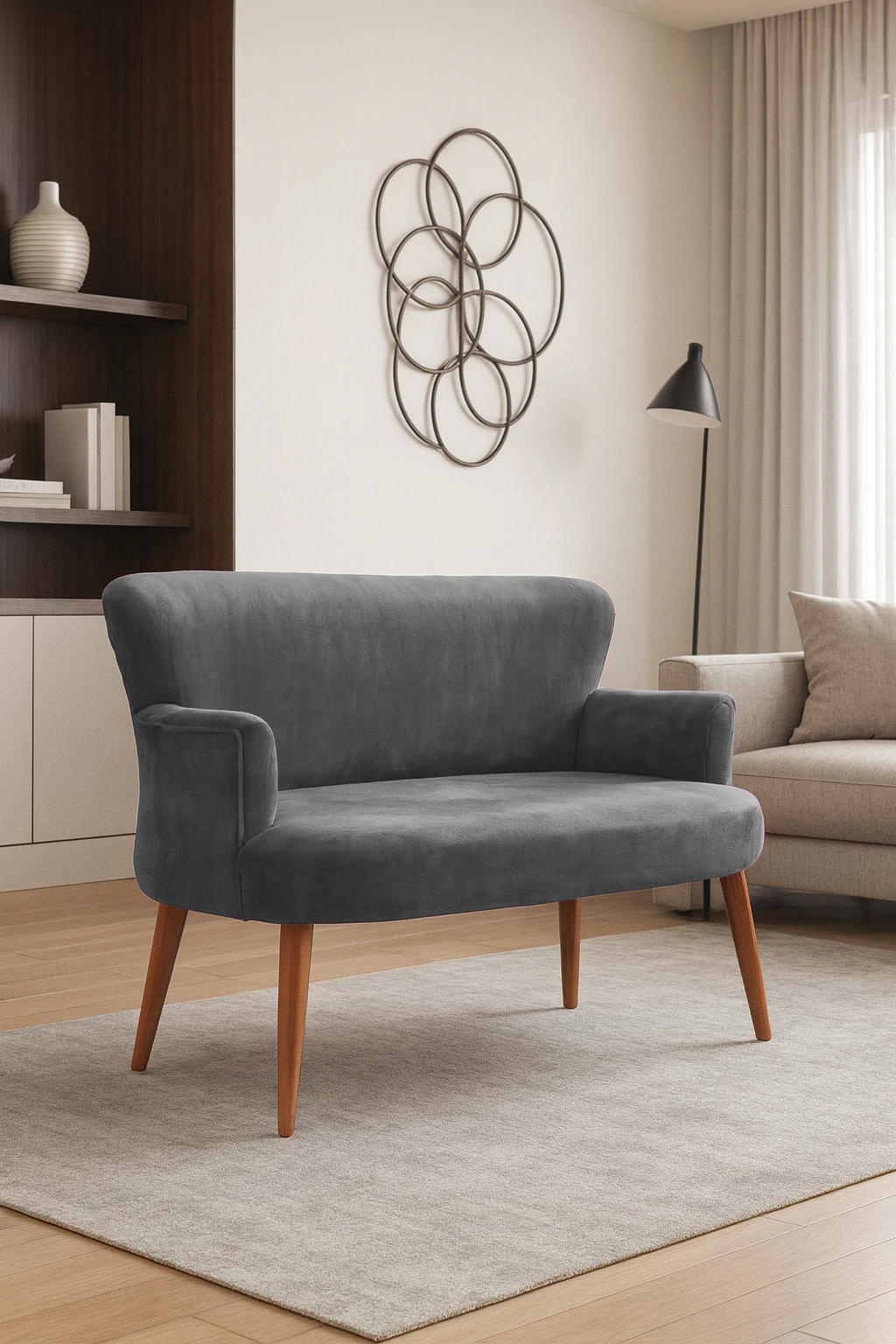 Roma Modern İkili Koltuk - Babyface Kumaş - Ahşap Ayak - Düğmesiz - Gri