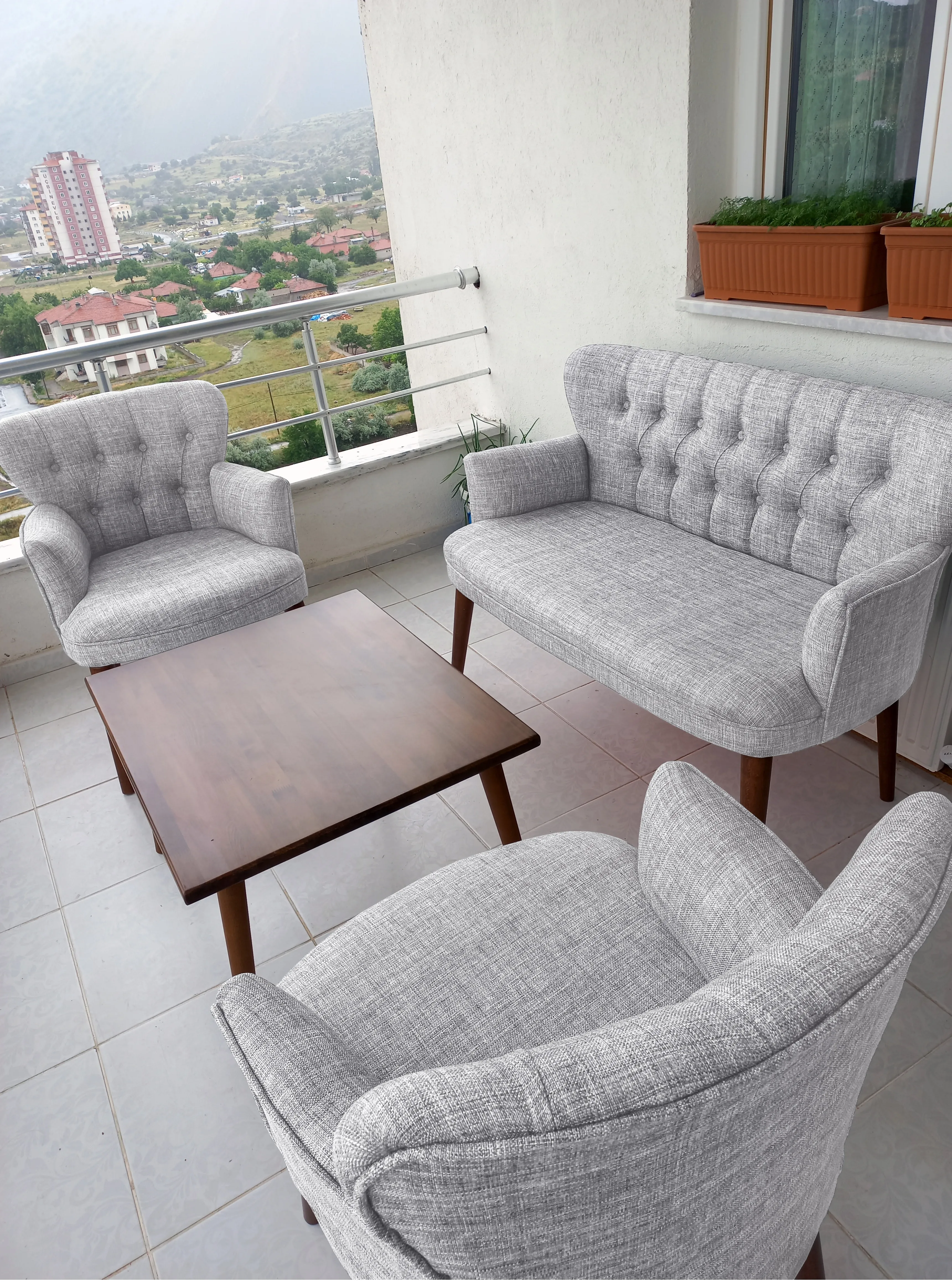 Çay Seti Koltuk Takımı - Keten Kumaş - Modern 2+1+1 - Krem