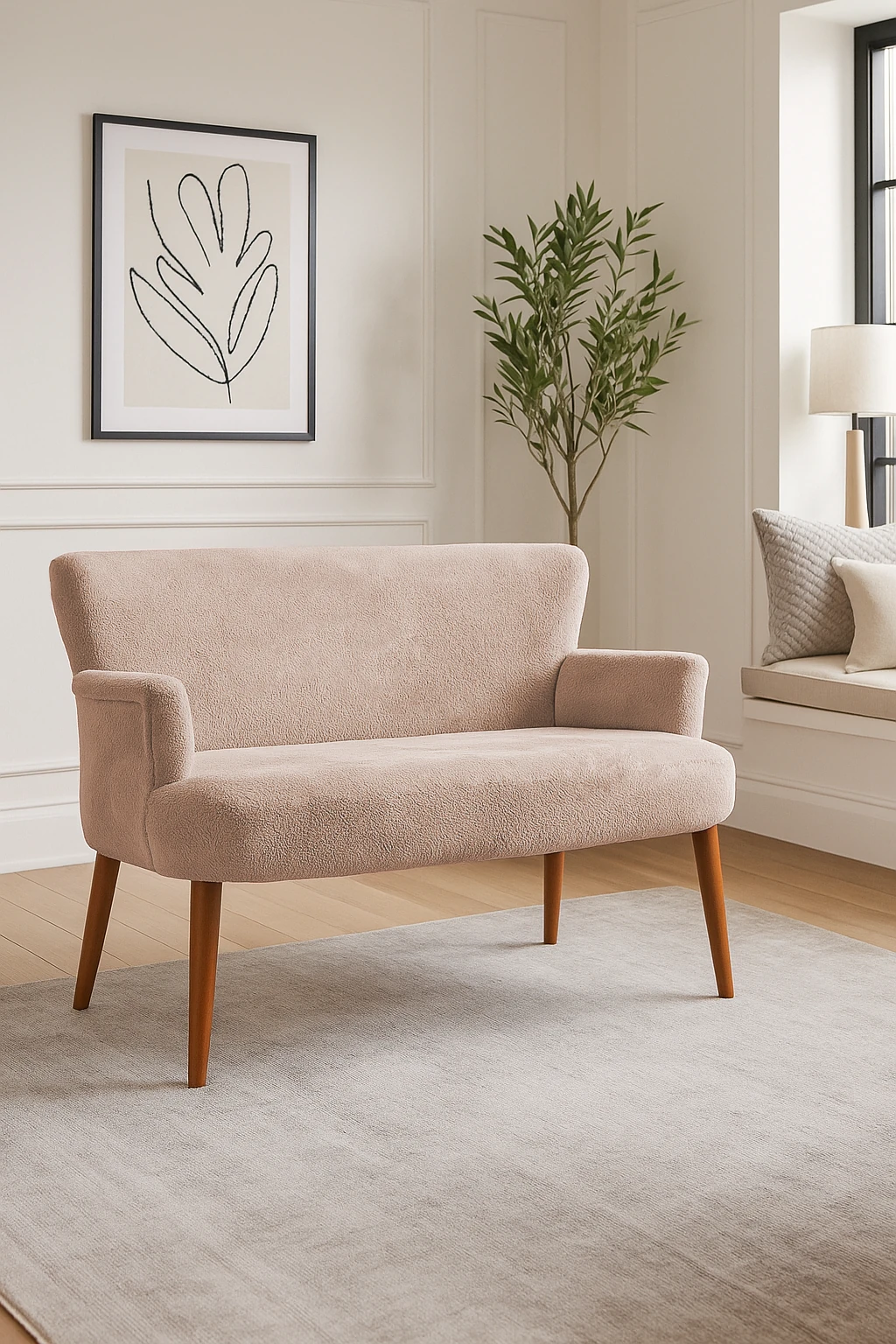 Roma Modern İkili Koltuk - Welsoft Yumuşak Kumaş - Ahşap Ayak - Vizon