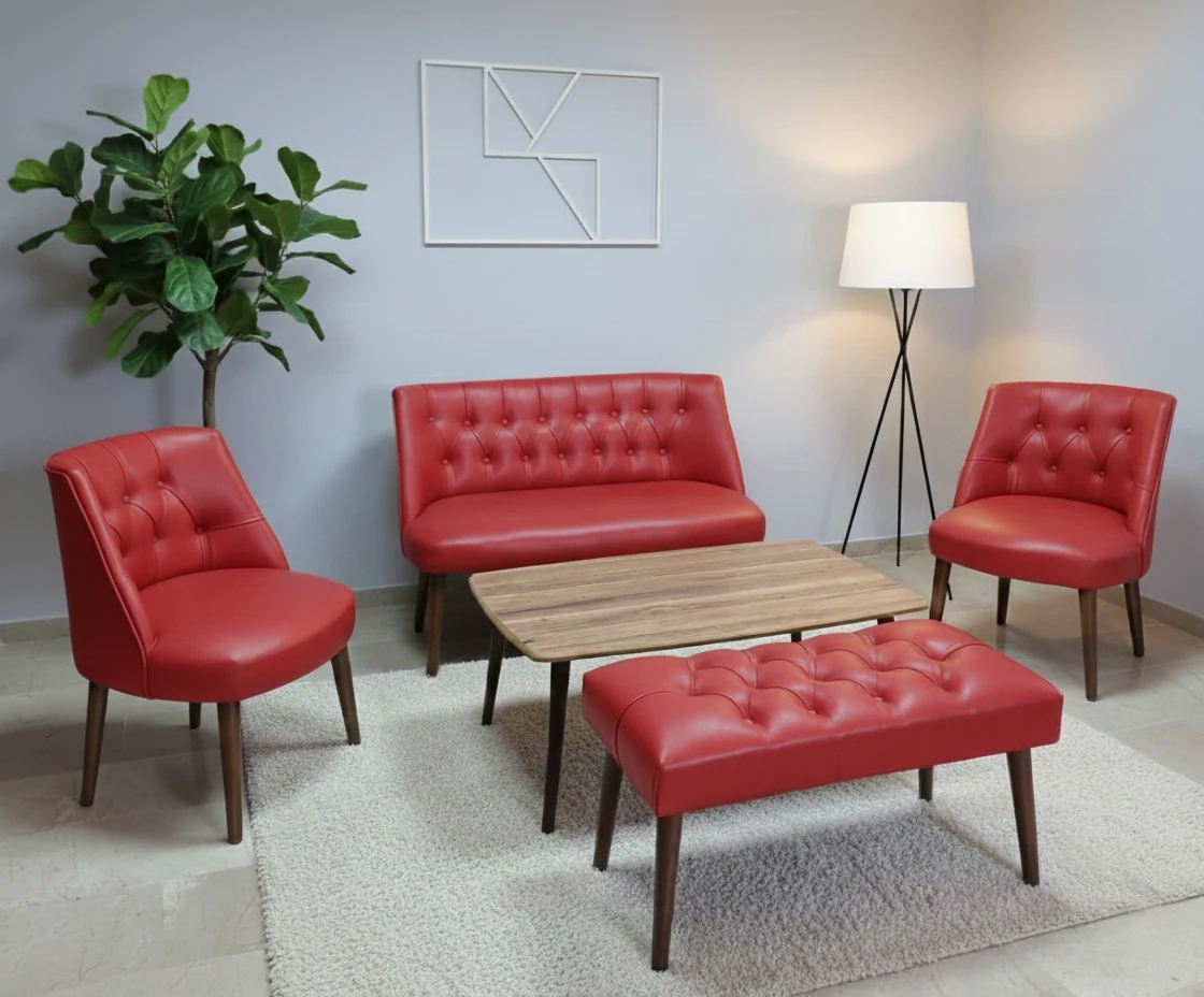 Milano Çay Seti Koltuk Takımı - Ofis Takımı - Deri Kumaş - 2+1+1+Bench+Sehpa | Kırmızı