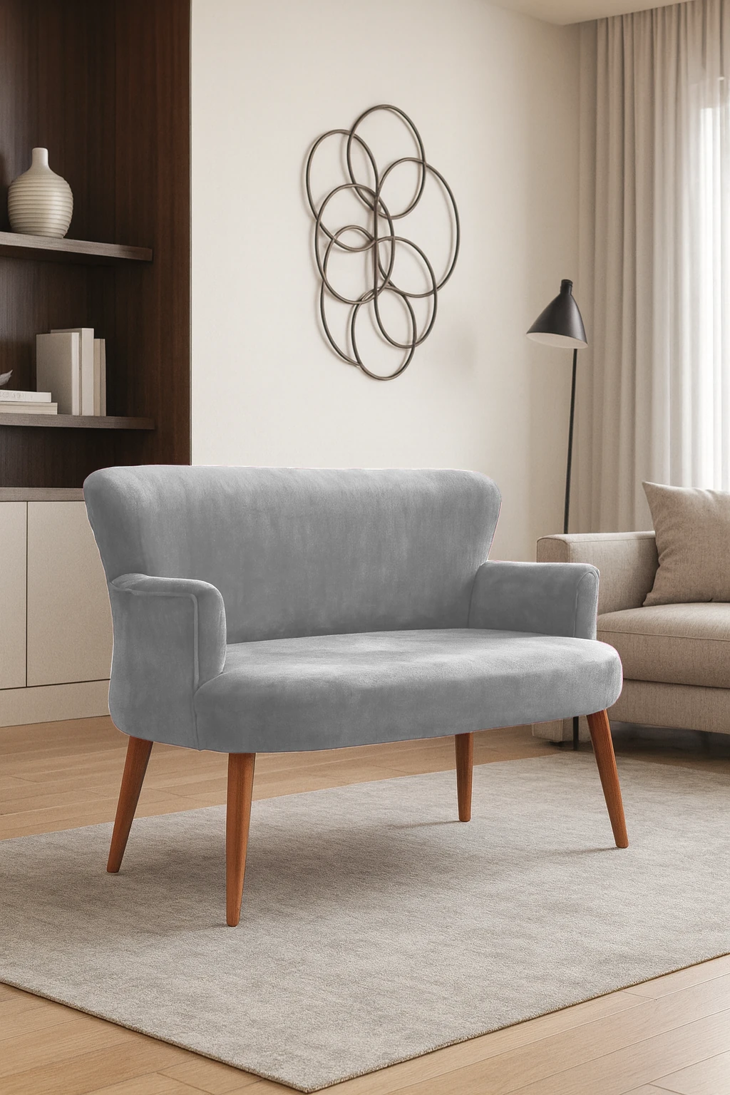 Roma Modern İkili Koltuk - Babyface Kumaş - Ahşap Ayak - Düğmesiz - Açık Gri