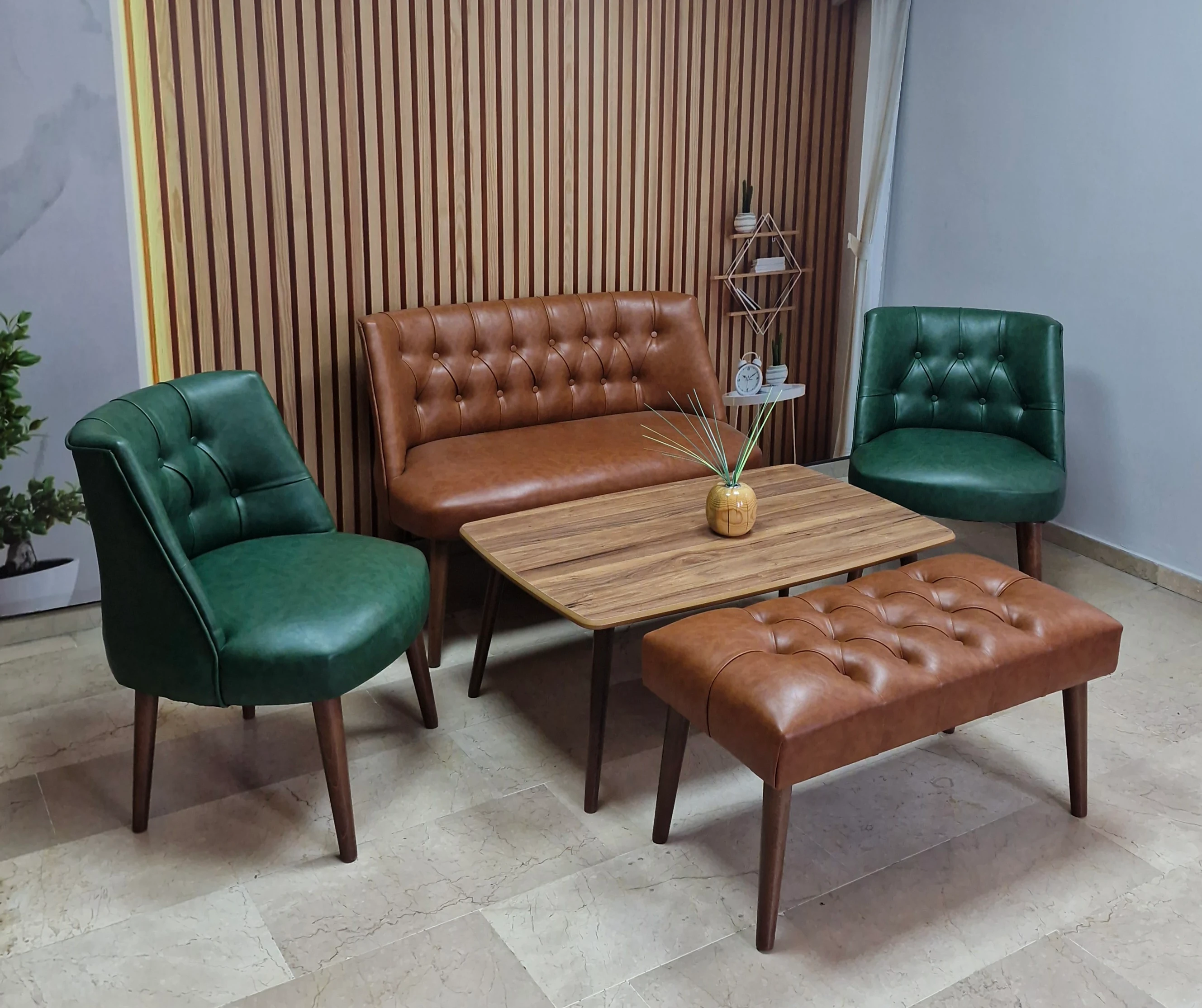 Milano Çay Seti Koltuk Takımı - Ofis Takımı - Deri Kumaş - 2+1+1+Bench+Sehpa | Taba Yeşil