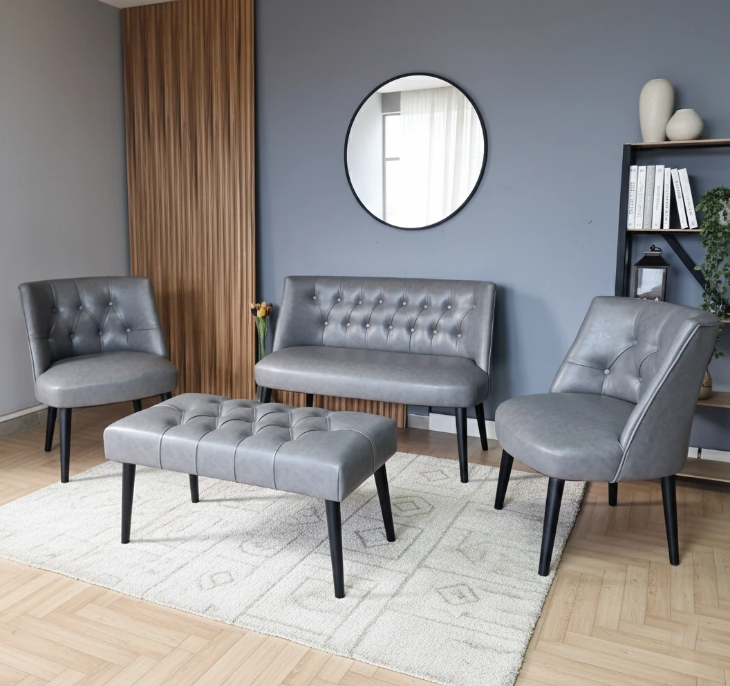 Milano Çay Seti Koltuk Takımı - Ofis Takımı - Deri Kumaş - 2+1+1+Bench - Gri