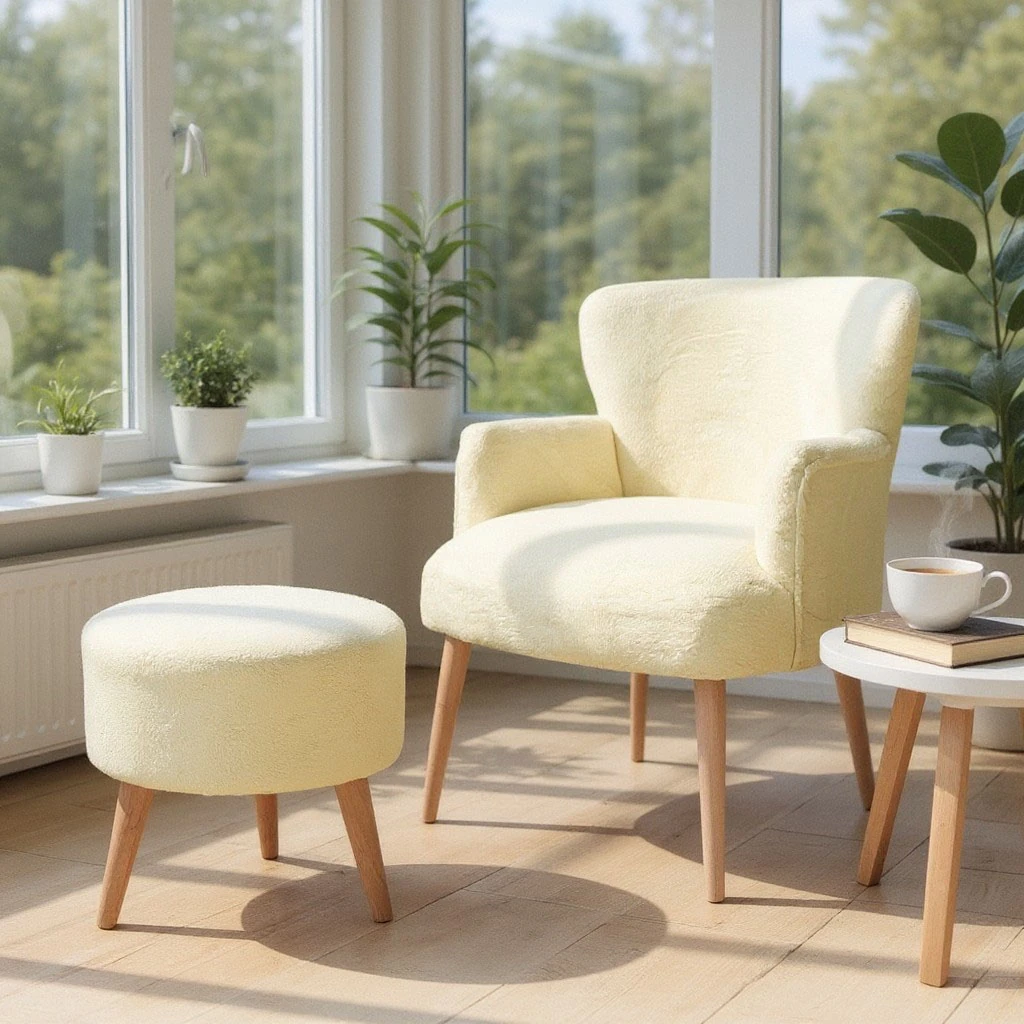 Roma Berjer + Puf Set - Welsoft Yumuşak Kumaş - Ahşap Ayak - Krem