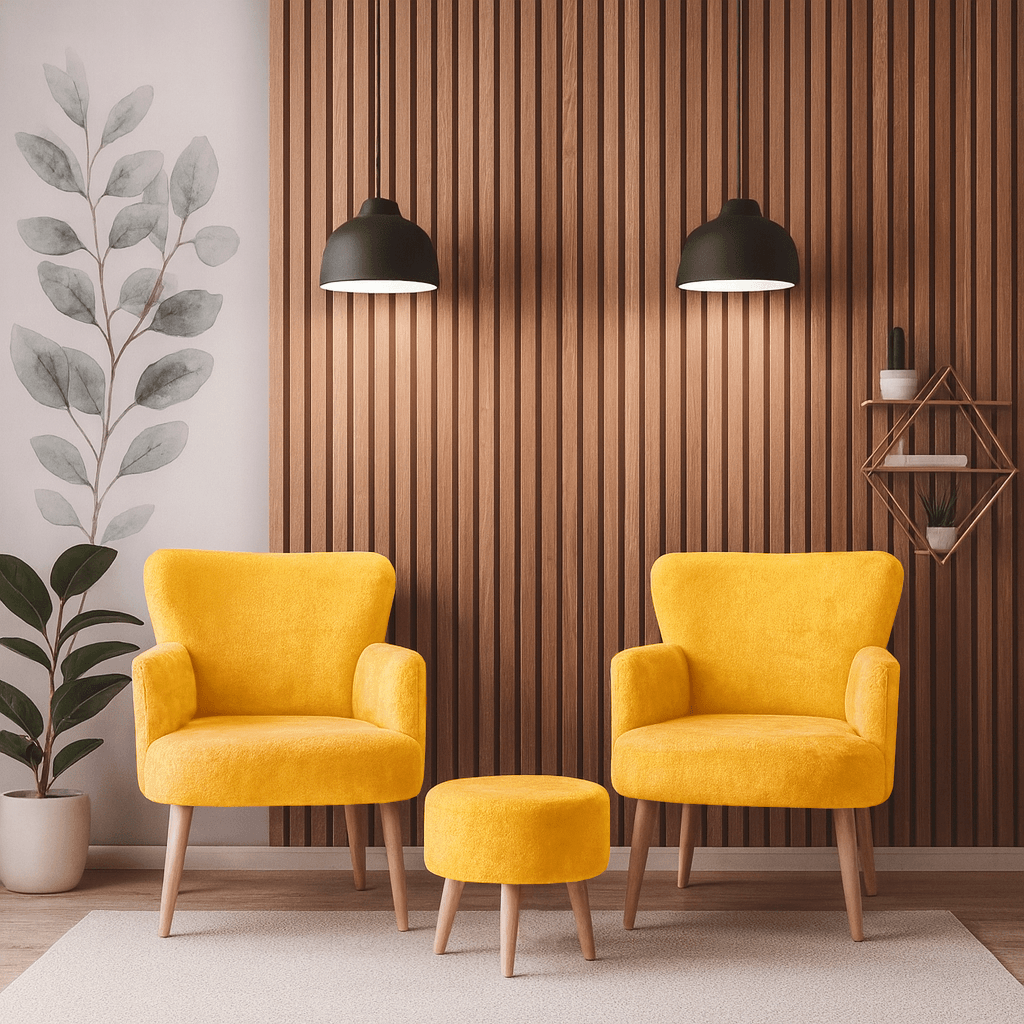 Roma Modern Koltuk Berjer Seti| Welsoft Yumuşak Dokulu Kumaş | 2 Berjer + 1 Puf | Sarı