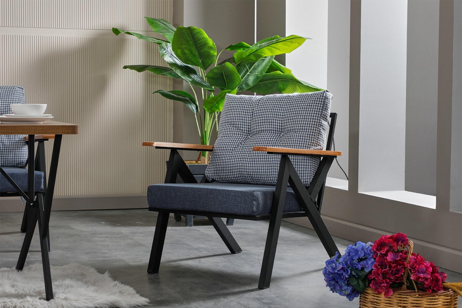 Venedik Ahşap Kollu Modern Bahçe Balkon Salon Oturma Grubu Takımı - Mavi Gri