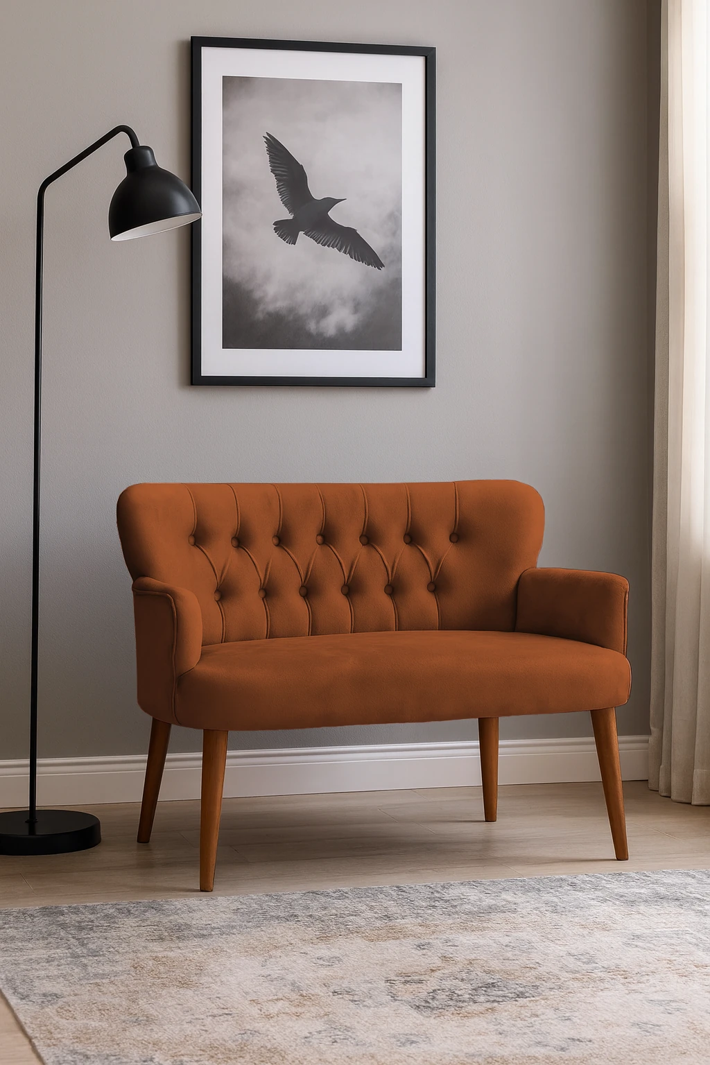 Roma Modern İkili Koltuk - Babyface Kumaş - Ahşap Ayak - Bakır