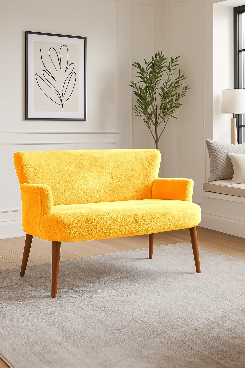 Roma Modern İkili Koltuk - Welsoft Yumuşak Kumaş - Ahşap Ayak - Sarı