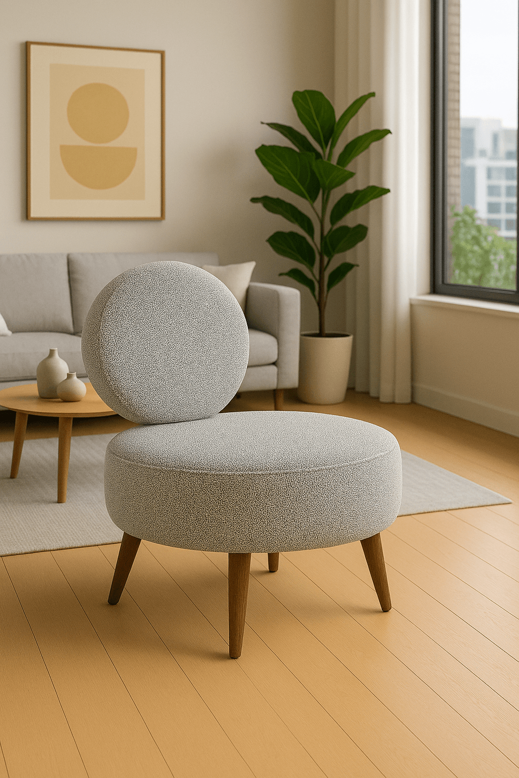 Dünya Model Modern Yuvarlak Sırtlı Berjer – Ceviz Ayak, Buklet Kumaş - Krem / Beyaz