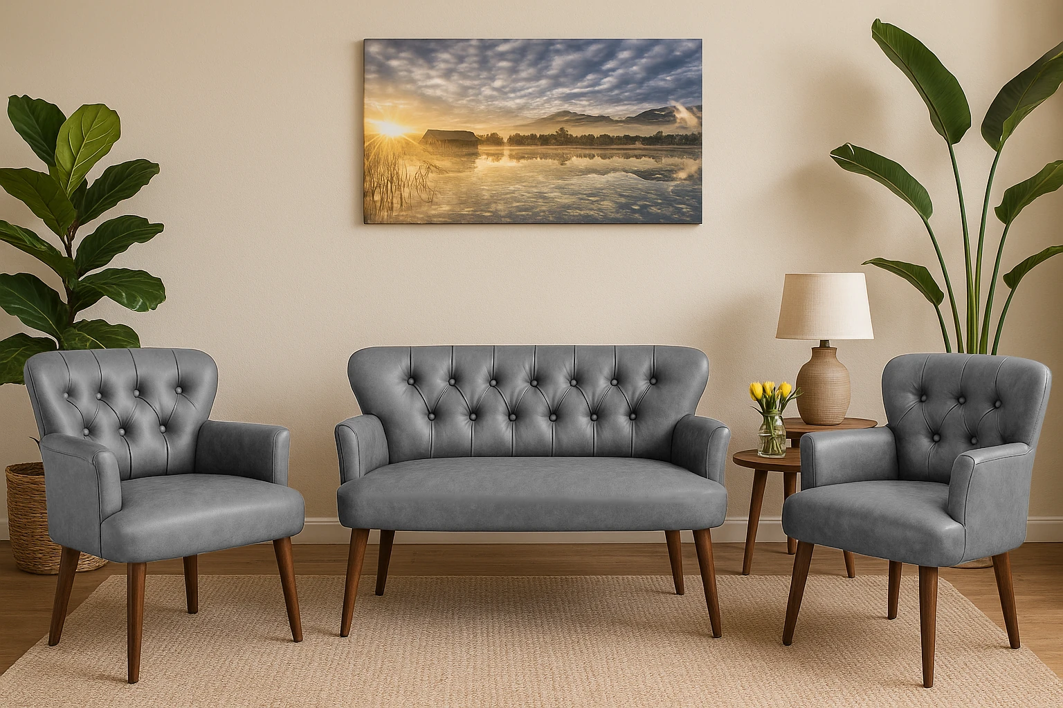 Modern Chester Tarzı 3’lü Çay Seti Koltuk Takımı 2+1+1 – Deri, Ahşap Ayaklı - Gri