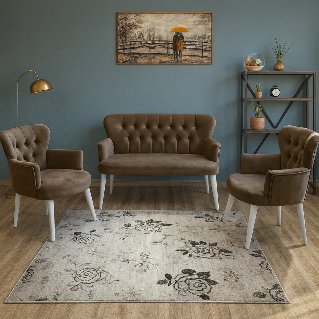 Çay Seti Koltuk Takımı - Babyface Kumaş - Modern Balkon Takımı - Kahverengi