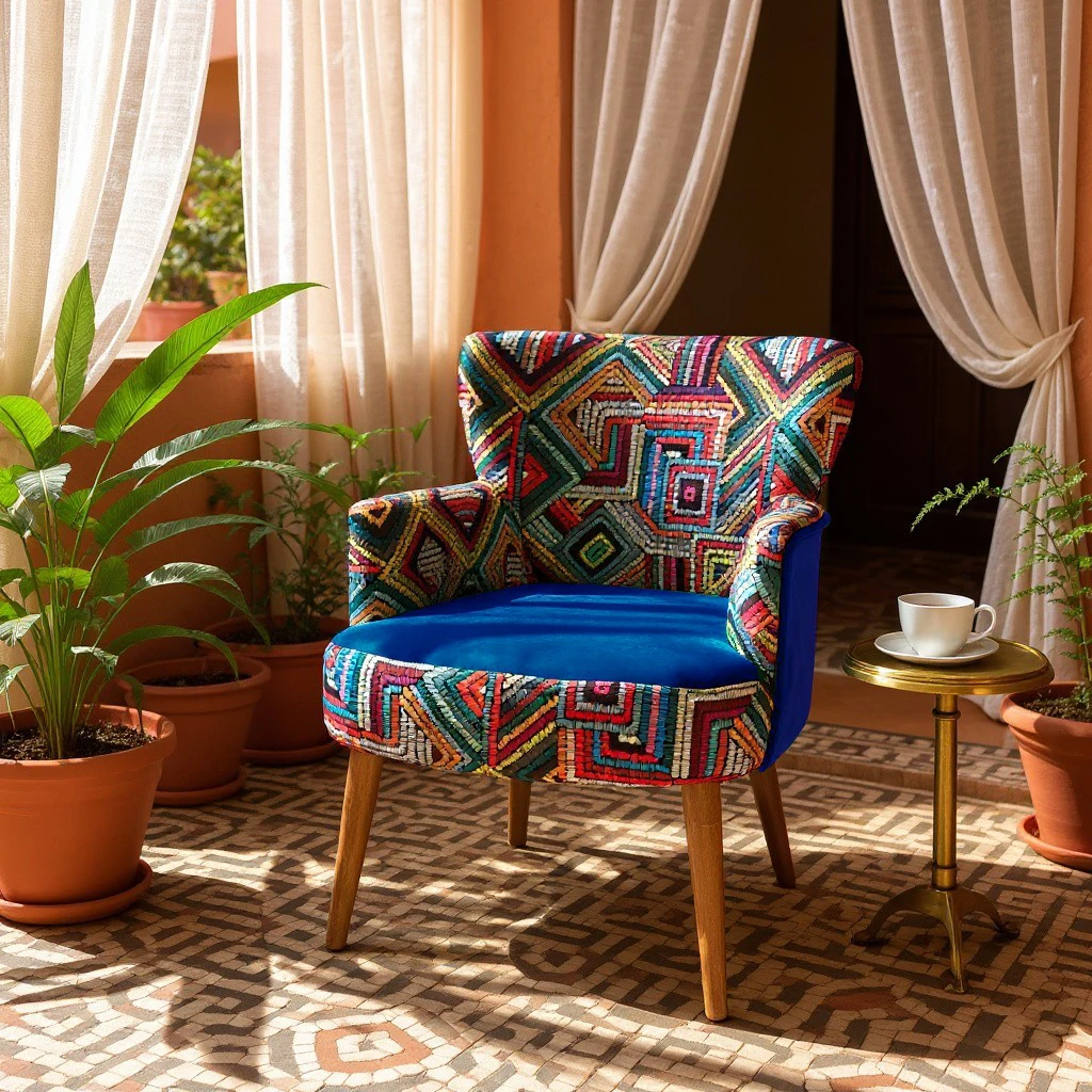 Roma Renkli Desen Modern Tasarım Dijital Baskılı Babyface Kumaş Berjer  Koltuk - Mavi