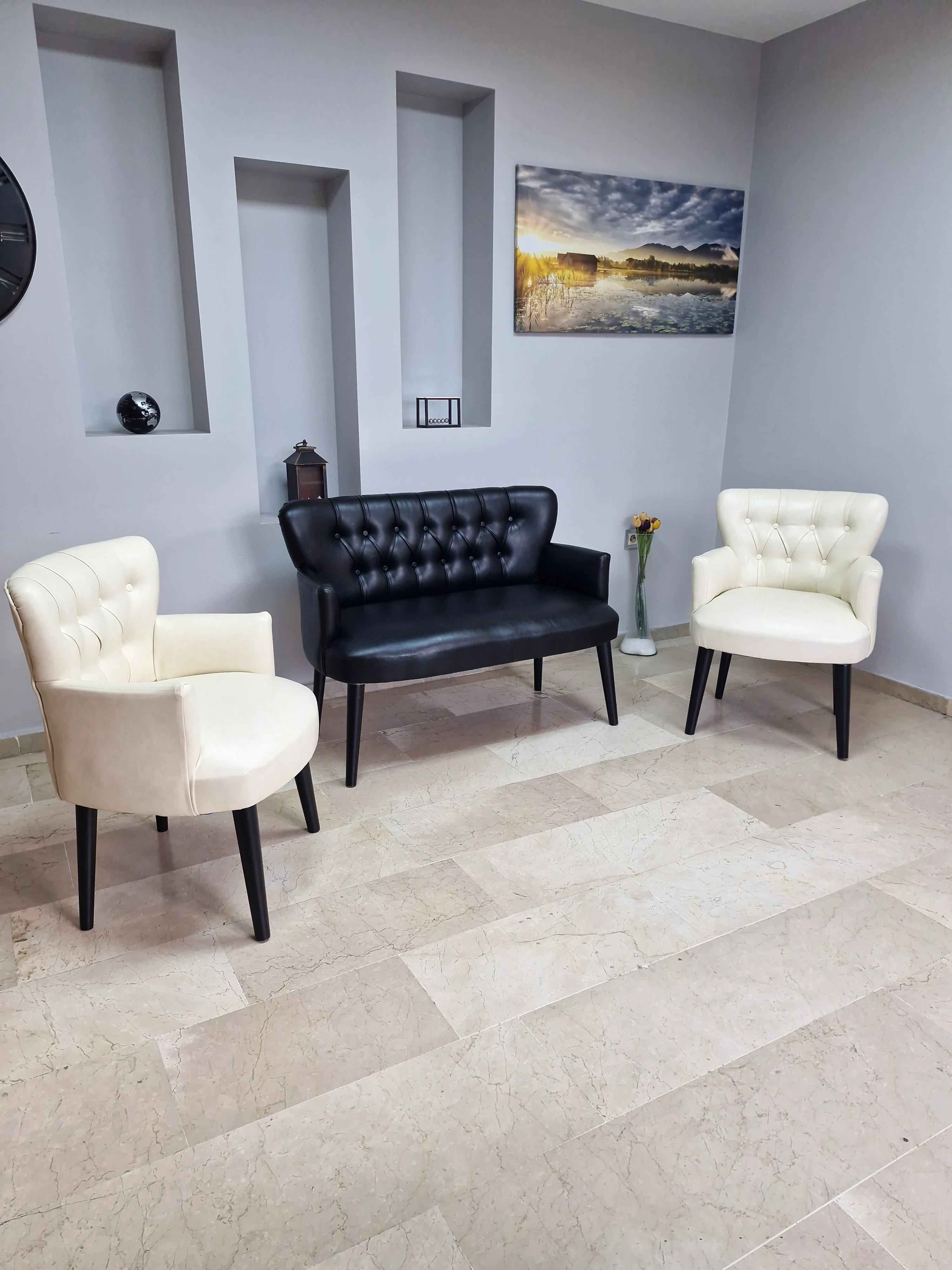 Çay Seti Koltuk Takımı - Deri Kumaş - Modern Chester Tarz - 2 Krem 1 Siyah