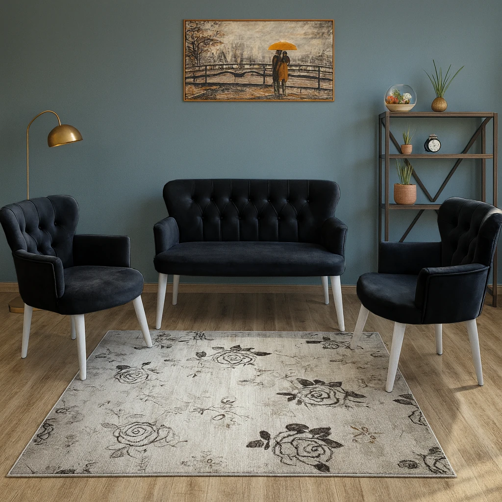 Çay Seti Koltuk Takımı - Babyface Kumaş - Modern Balkon Takımı - Siyah