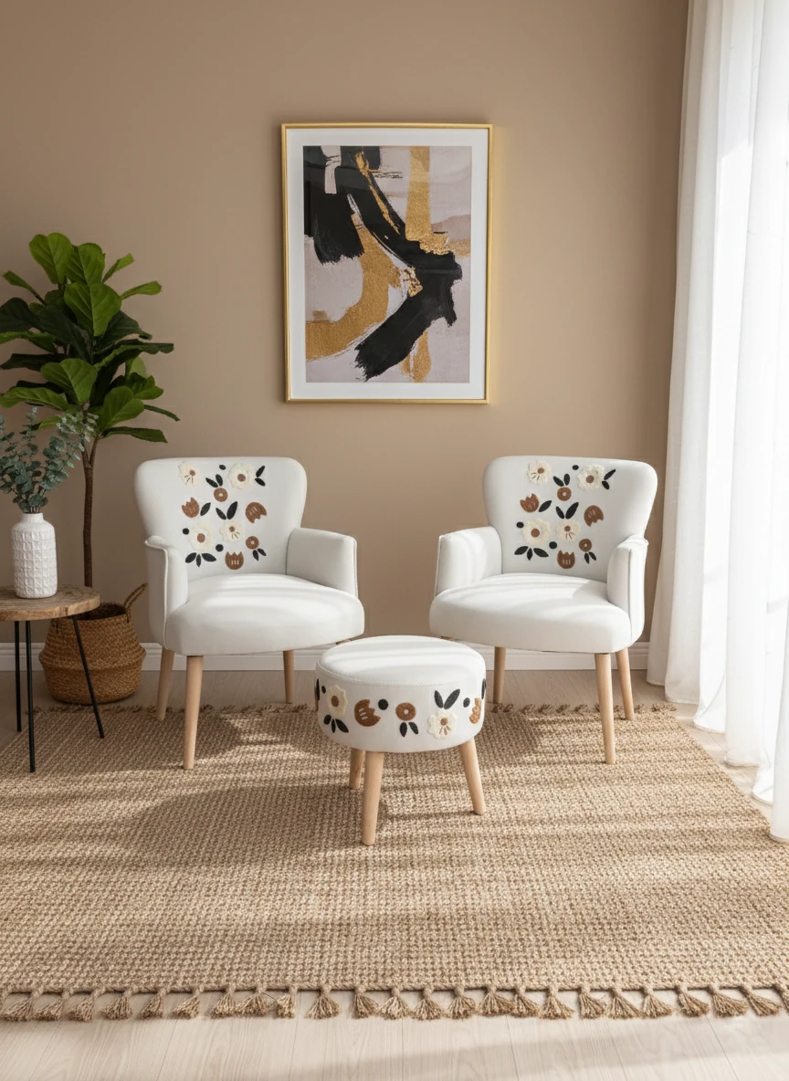 Punch İşlemeli 3lü Set 2 Berjer + 1 Puf - Şönil Kumaş - Modern Balkon Takımı - Çiçek Desen