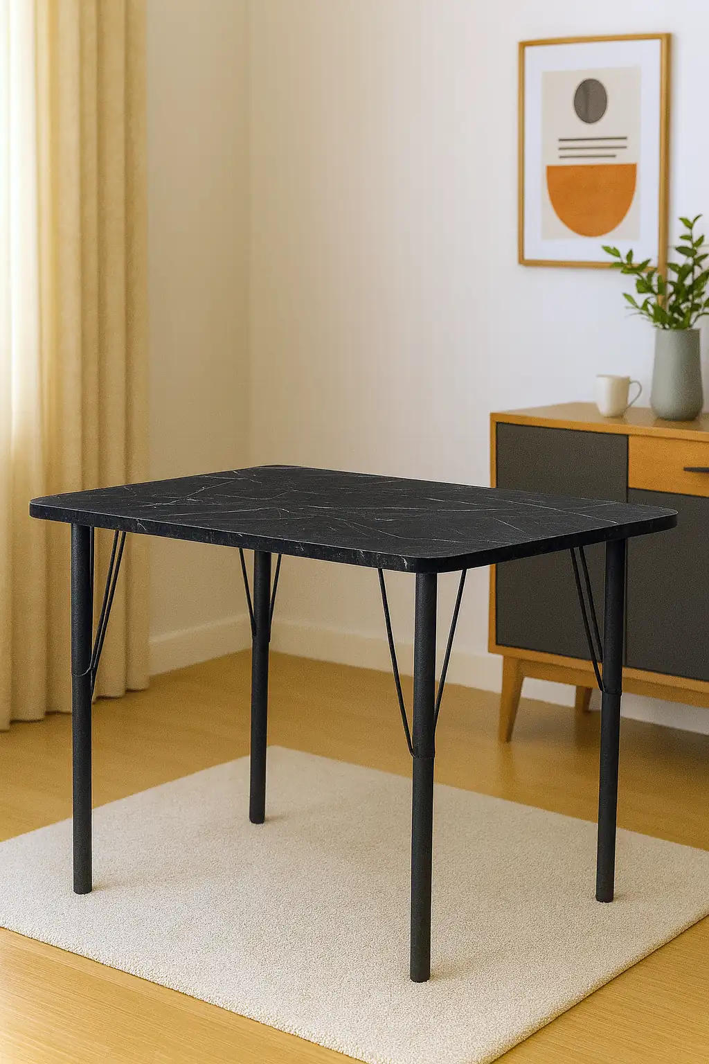 Siyah Modern Tasarımlı 90x60 cm Kompakt Masa – Siyah Ayaklı, Ahşap