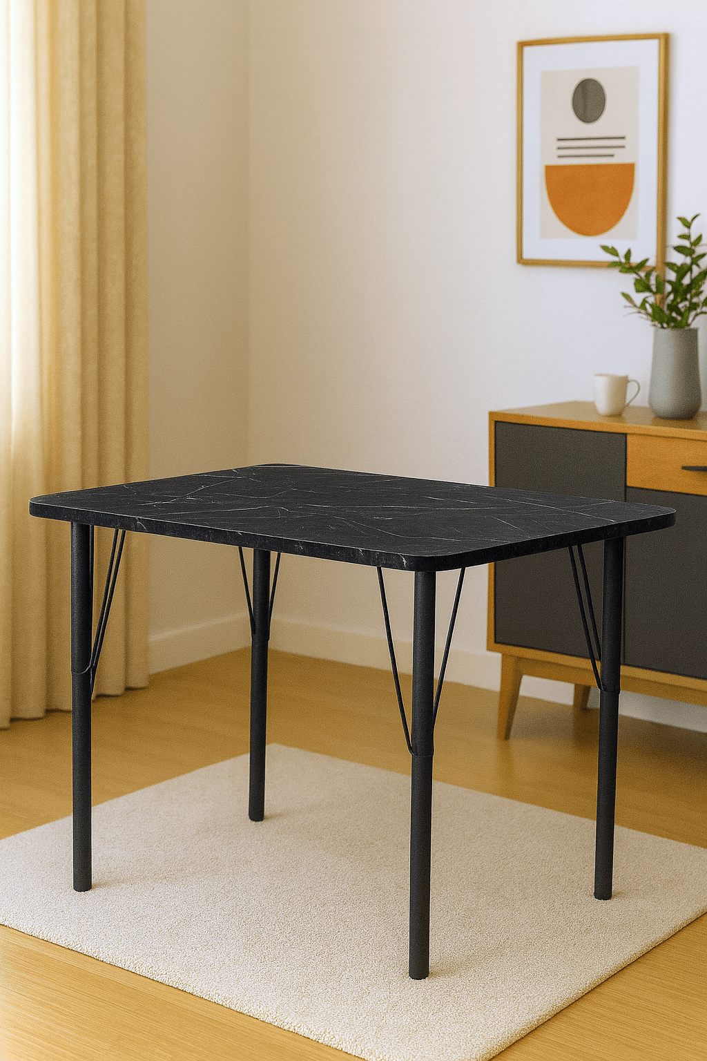 Siyah Modern Tasarımlı 90x60 cm Kompakt Masa – Siyah Ayaklı, Ahşap Desenli Tabla