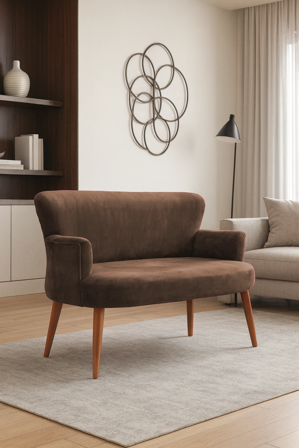 Roma Modern İkili Koltuk - Babyface Kumaş - Ahşap Ayak - Düğmesiz - Kahverengi