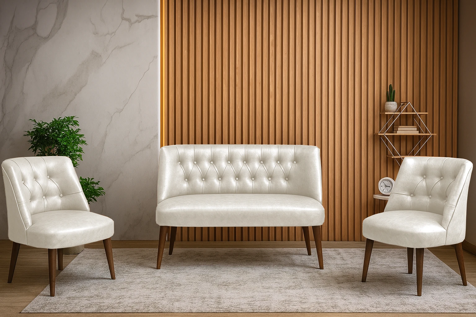 Milano Çay Seti Koltuk Takımı - Ofis Takımı - Deri Kumaş - 2+1+1 - Krem