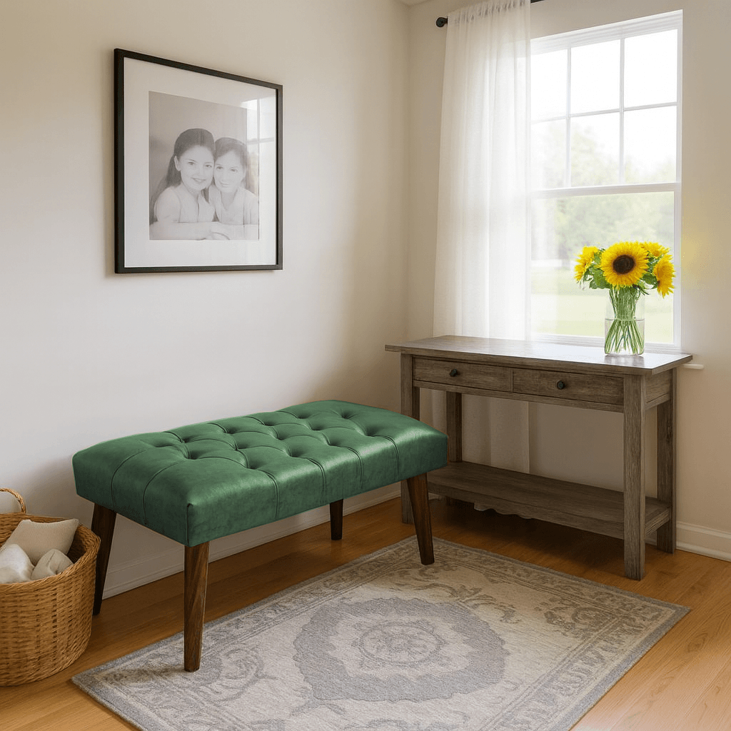 Azra Mobilya Deri Kapitone Bank | 90x45 cm Modern Bench Oturma Pufu - Yeşil