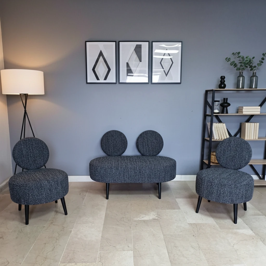 Dünya Model Buklet Kumaş 2+1+1 Koltuk Takımı – Modern Tasarım, Ahşap Ayaklı - Siyah Kırçıllı