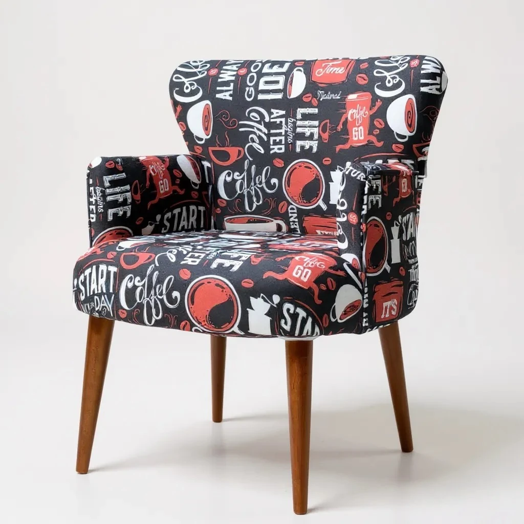 Roma Modern Tekli Koltuk Berjer - Dijital Baskılı Kumaş - Ahşap Ayak - Cafe Desen