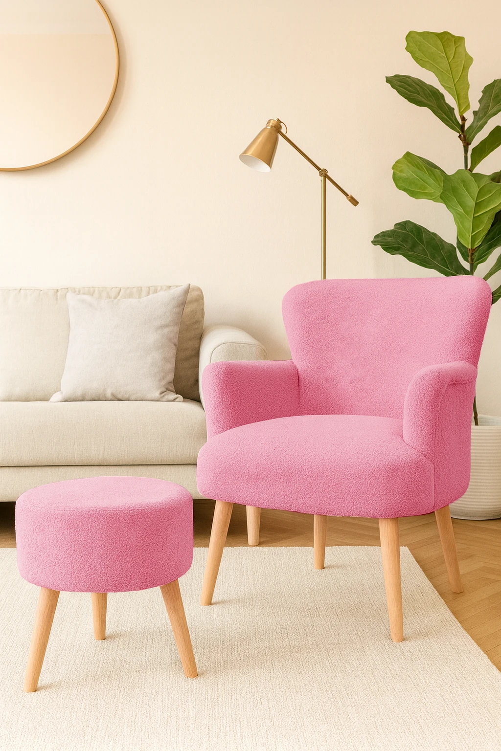 Roma Berjer + Puf Set - Welsoft Yumuşak Kumaş - Ahşap Ayak - Pembe