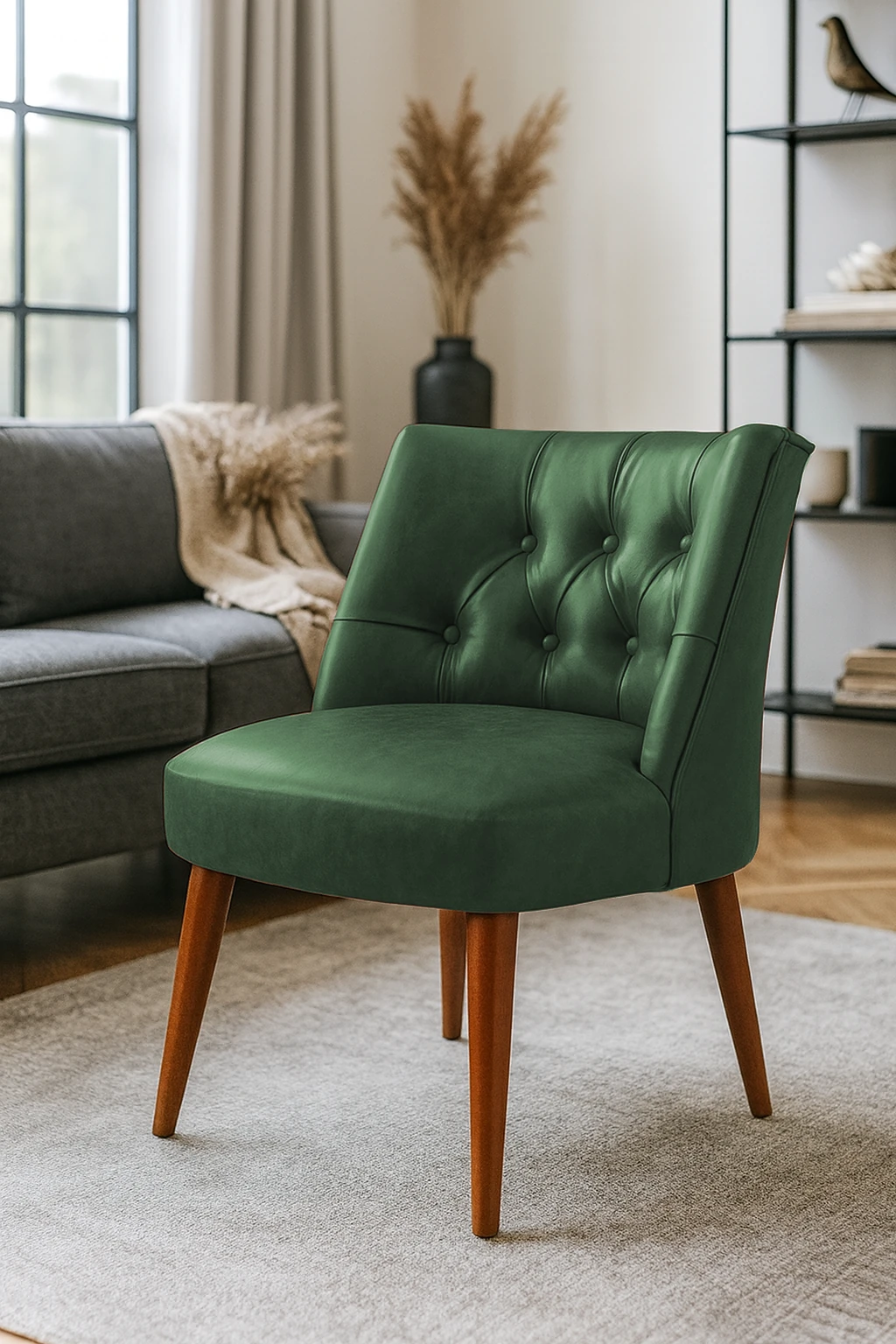 Modern Kolsuz Deri Berjer – Demonte Ahşap Ayaklı, Konforlu Oturma Koltuğu - Yeşil