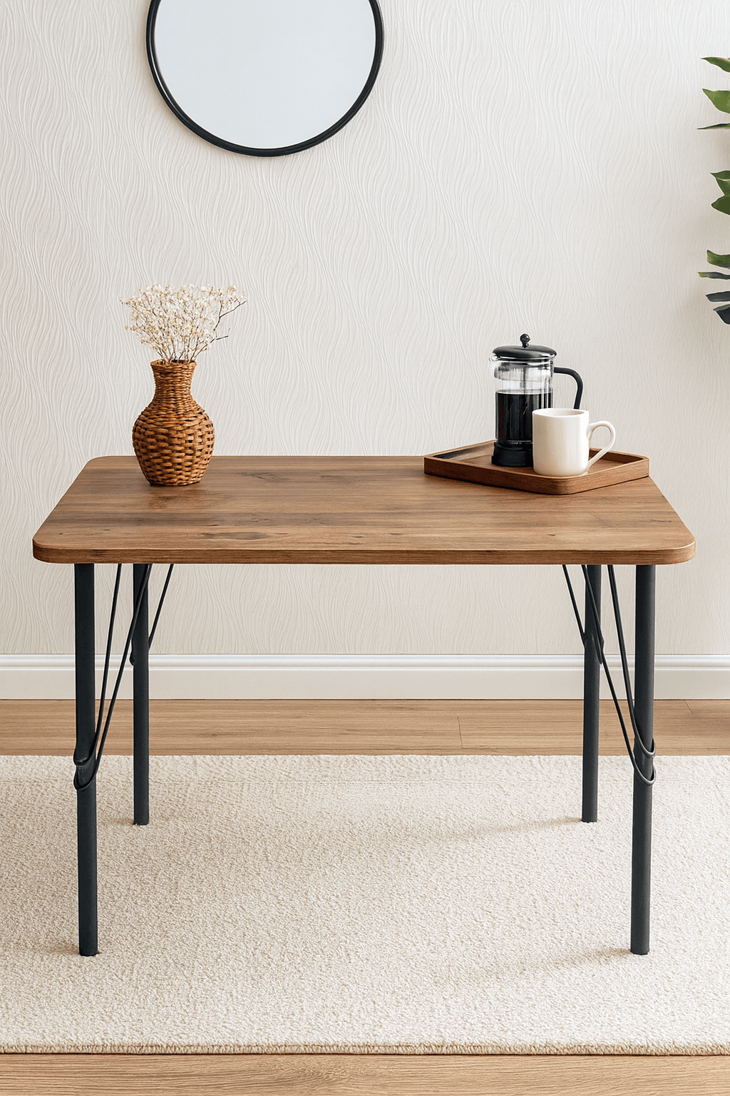 Ceviz Modern Tasarımlı 90x60 cm Kompakt Masa – Siyah Ayaklı, Ahşap Desenli Tabla