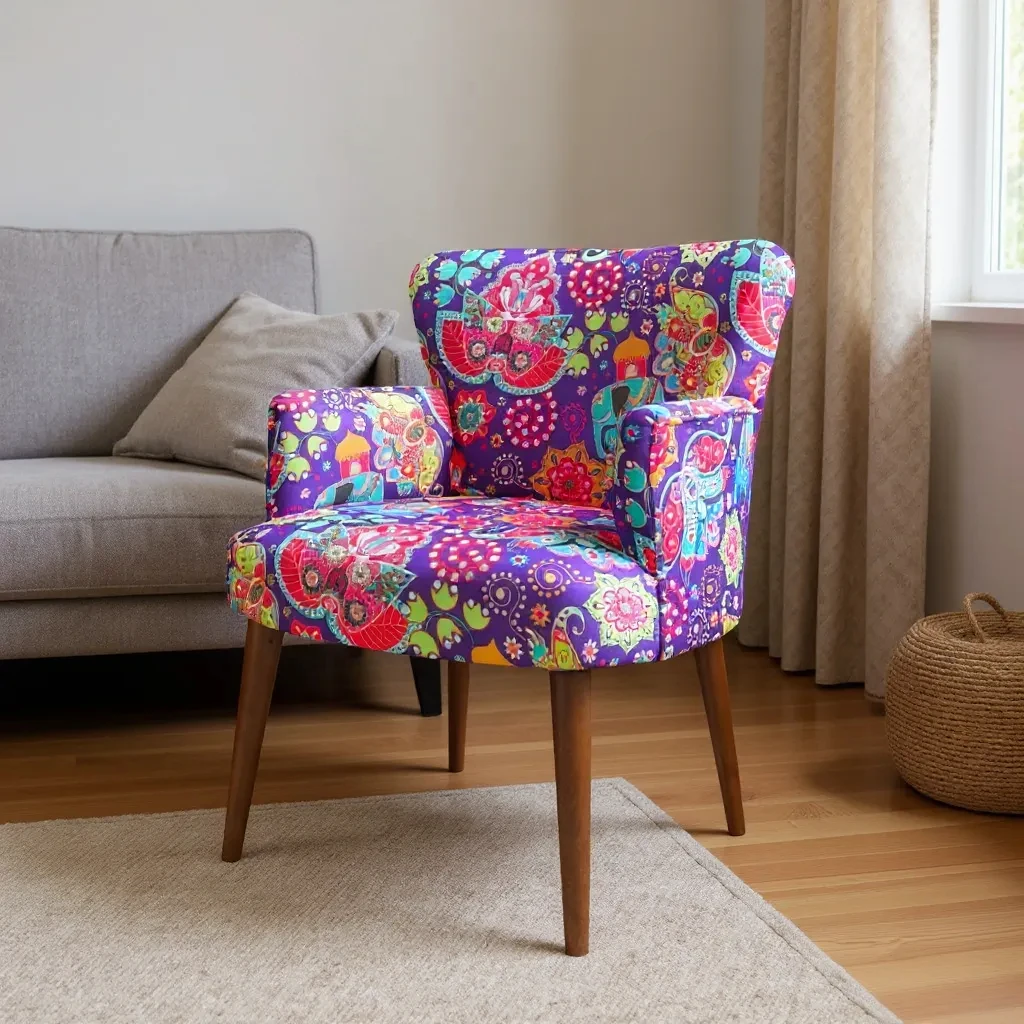 Roma Modern Tekli Koltuk Berjer - Dijital Baskılı Kumaş - Ahşap Ayak - Filli Desen