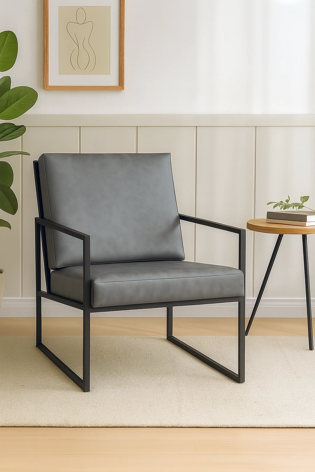 İskandinav Tarzı Metal Ayaklı Deri Tekli Koltuk – Gri