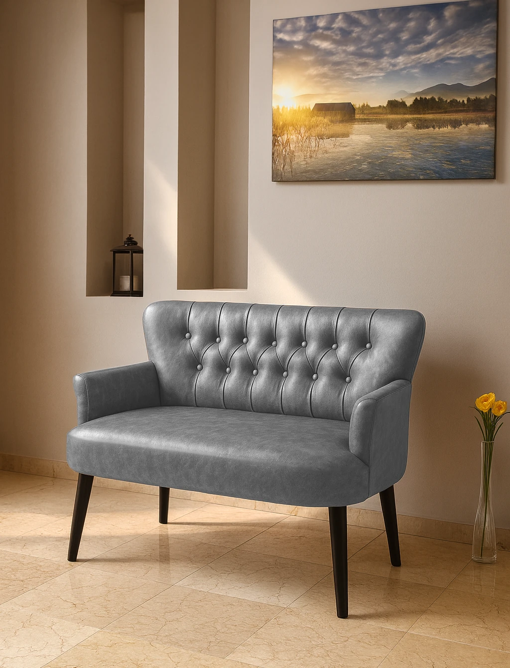 Roma İkili Koltuk - Deri Kumaş - Chester Tarzı - Ofis Koltuğu - Gri