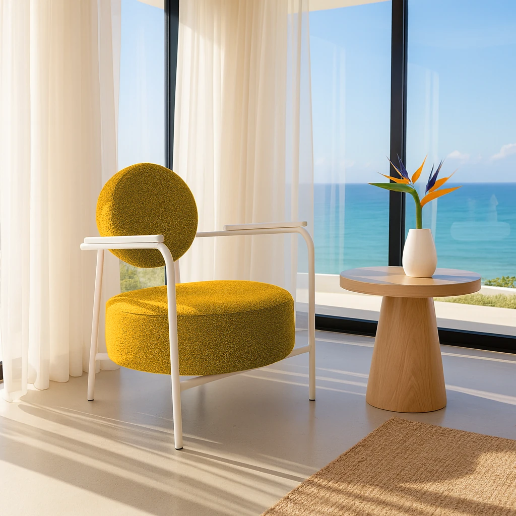 Venüs Beyaz - Soft Kumaş - Modern Beyaz Metal Berjer Koltuk – Sarı