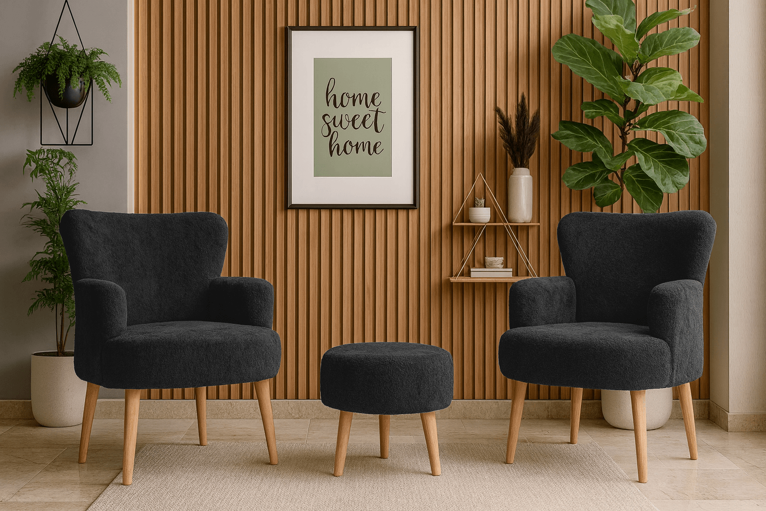 Roma Modern Koltuk Berjer Seti| Welsoft Yumuşak Dokulu Kumaş | 2 Berjer + 1 Puf | Antrasit