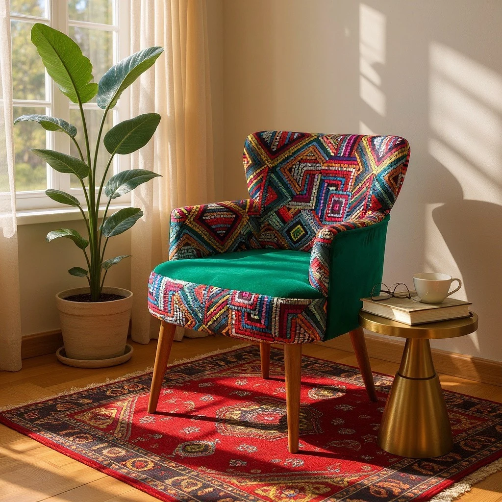 Roma Renkli Desen Modern Tasarım Dijital Baskılı Babyface Kumaş Berjer  Koltuk - Yeşil