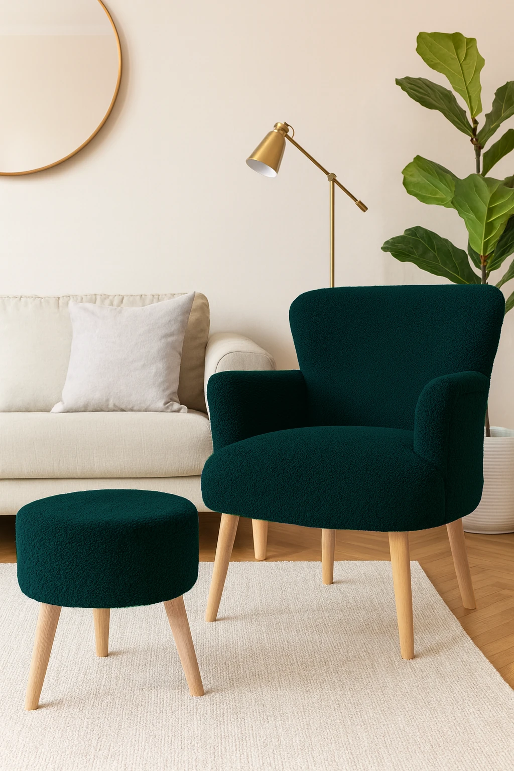 Roma Berjer + Puf Set - Welsoft Yumuşak Kumaş - Ahşap Ayak - Yeşil