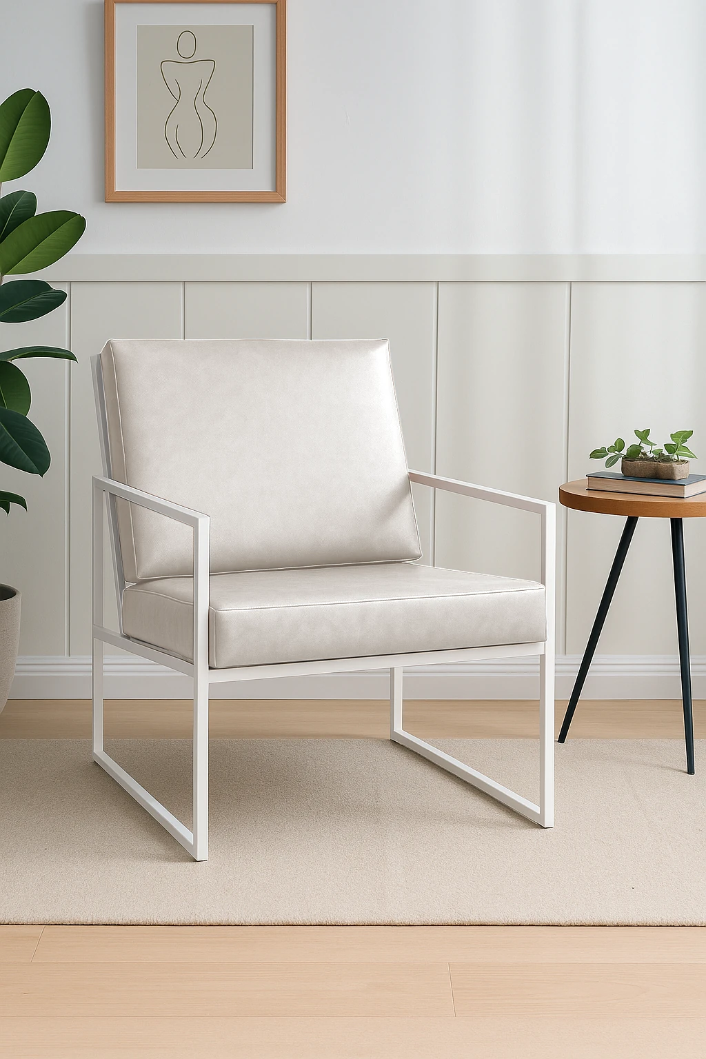 İskandinav Tarzı Metal Ayaklı Deri Tekli Koltuk Beyaz İskelet – Krem