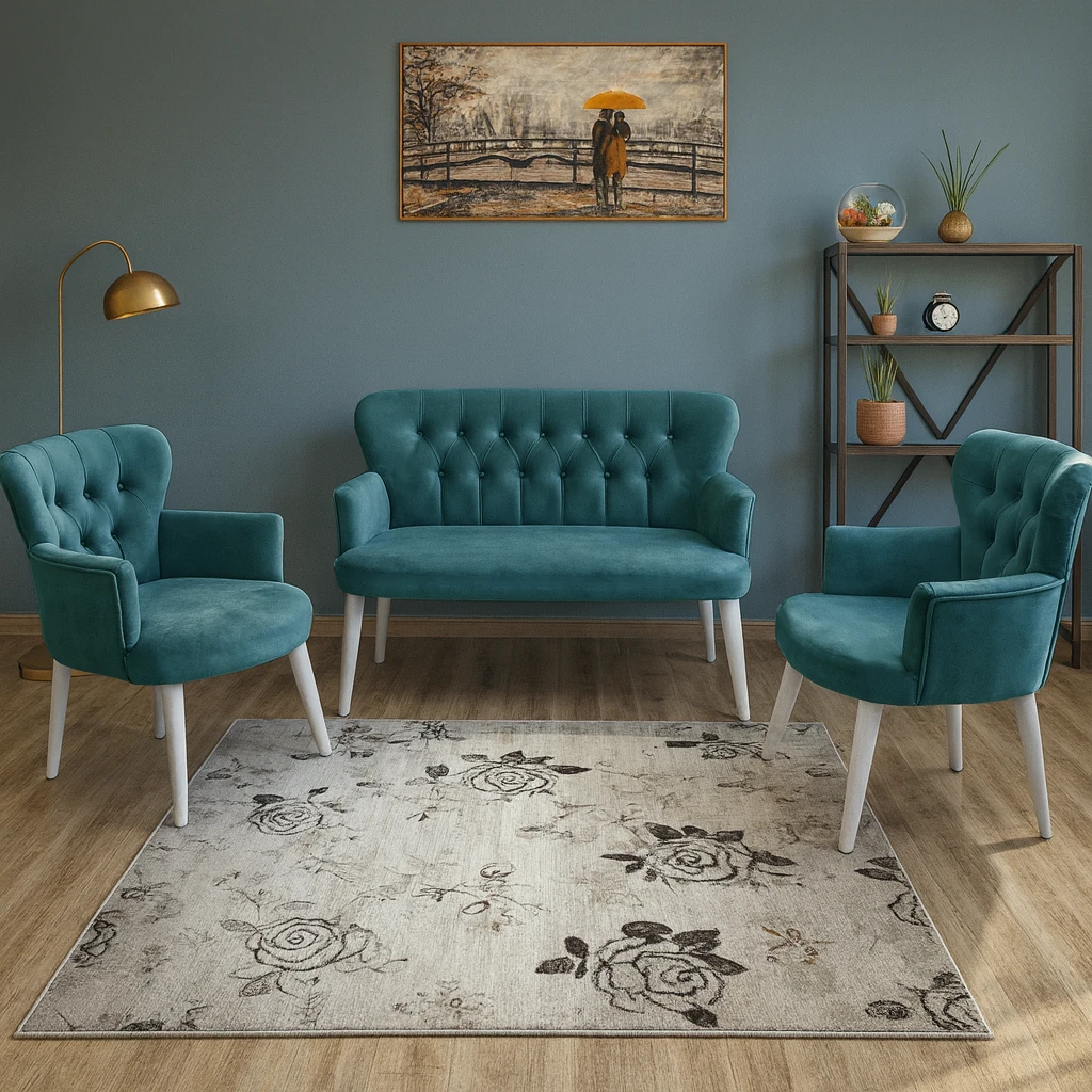 Çay Seti Koltuk Takımı - Babyface Kumaş - Modern Balkon Takımı - Petrol Yeşili