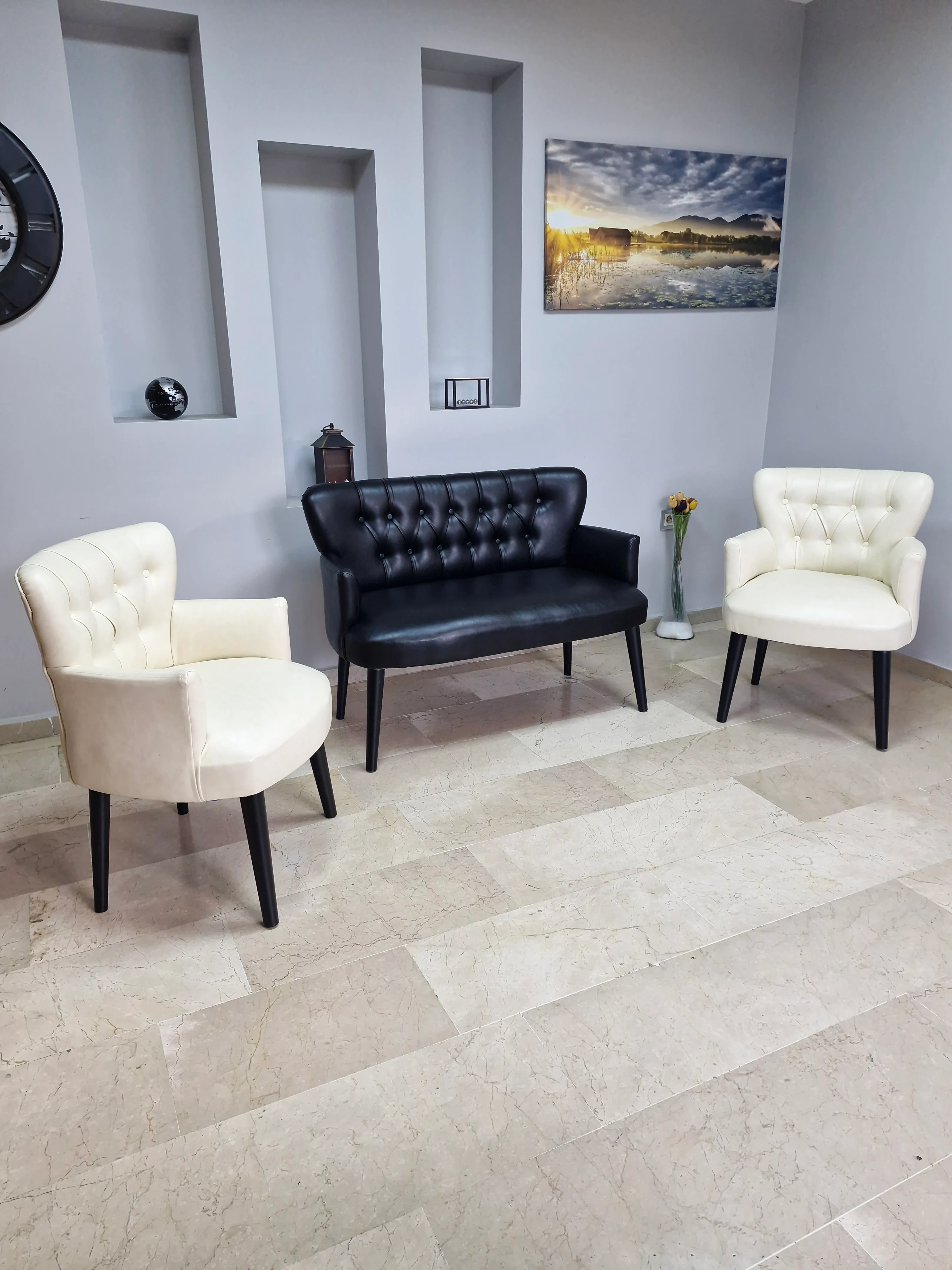 Çay Seti Koltuk Takımı - Deri Kumaş - Modern Chester Tarz - 2 Krem 1 Siyah