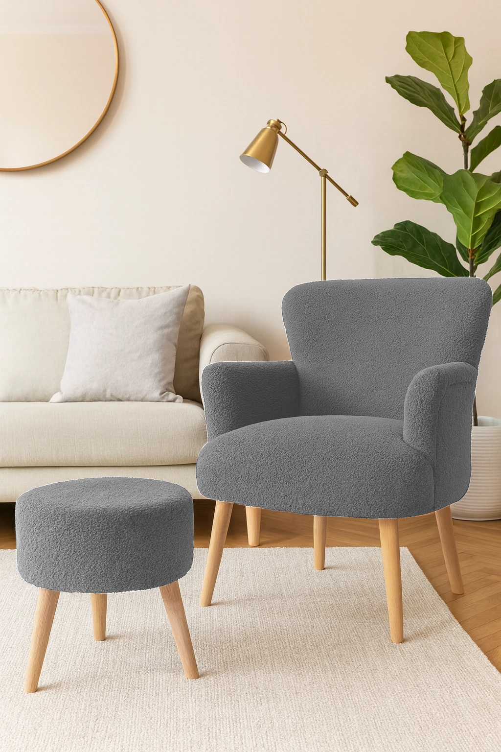 Roma Berjer + Puf Set - Welsoft Yumuşak Kumaş - Ahşap Ayak - Gri