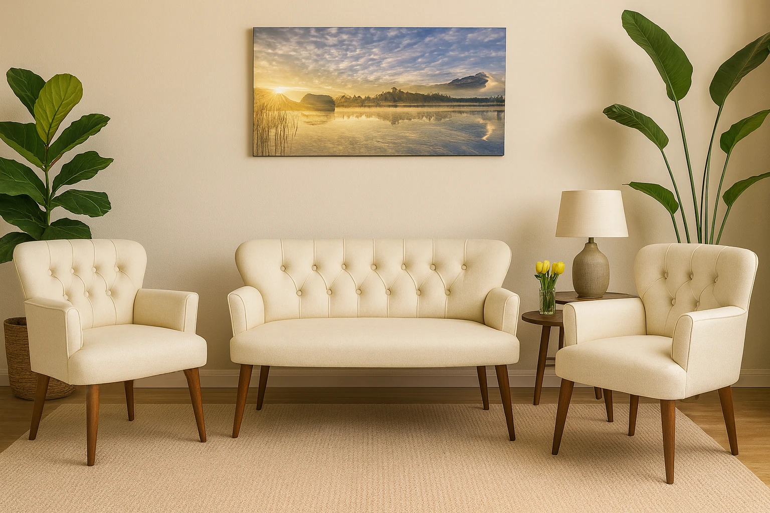 Modern Chester Tarzı 3’lü Çay Seti Koltuk Takımı 2+1+1 – Deri, Ahşap Ayaklı - Krem