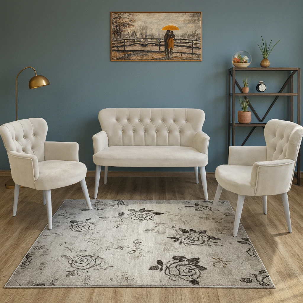 Çay Seti Koltuk Takımı - Babyface Kumaş - Modern Balkon Takımı - Krem