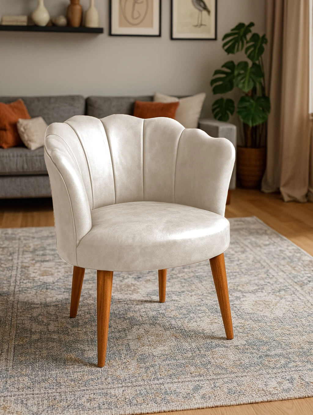 Papatya Deri Kumaş Modern Berjer Koltuk - Krem