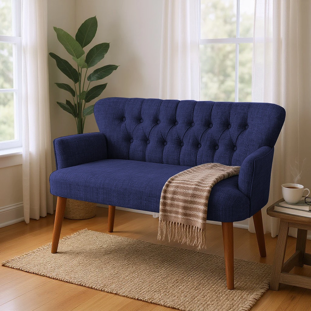 Roma Modern İkili Koltuk - Keten Kumaş - Ahşap Ayak - Mavi